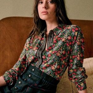 Sezane Ann Floral Shirt Floral California Print Green Red Black Size Small Fr 36